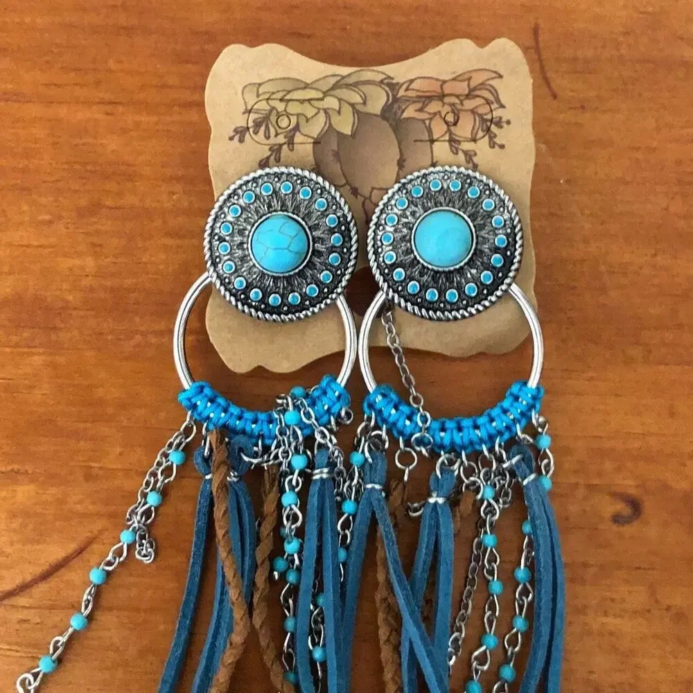 Justin Boots Turquoise Concho Fringe Earrings Western Cowgirl Boho Statement NWT
